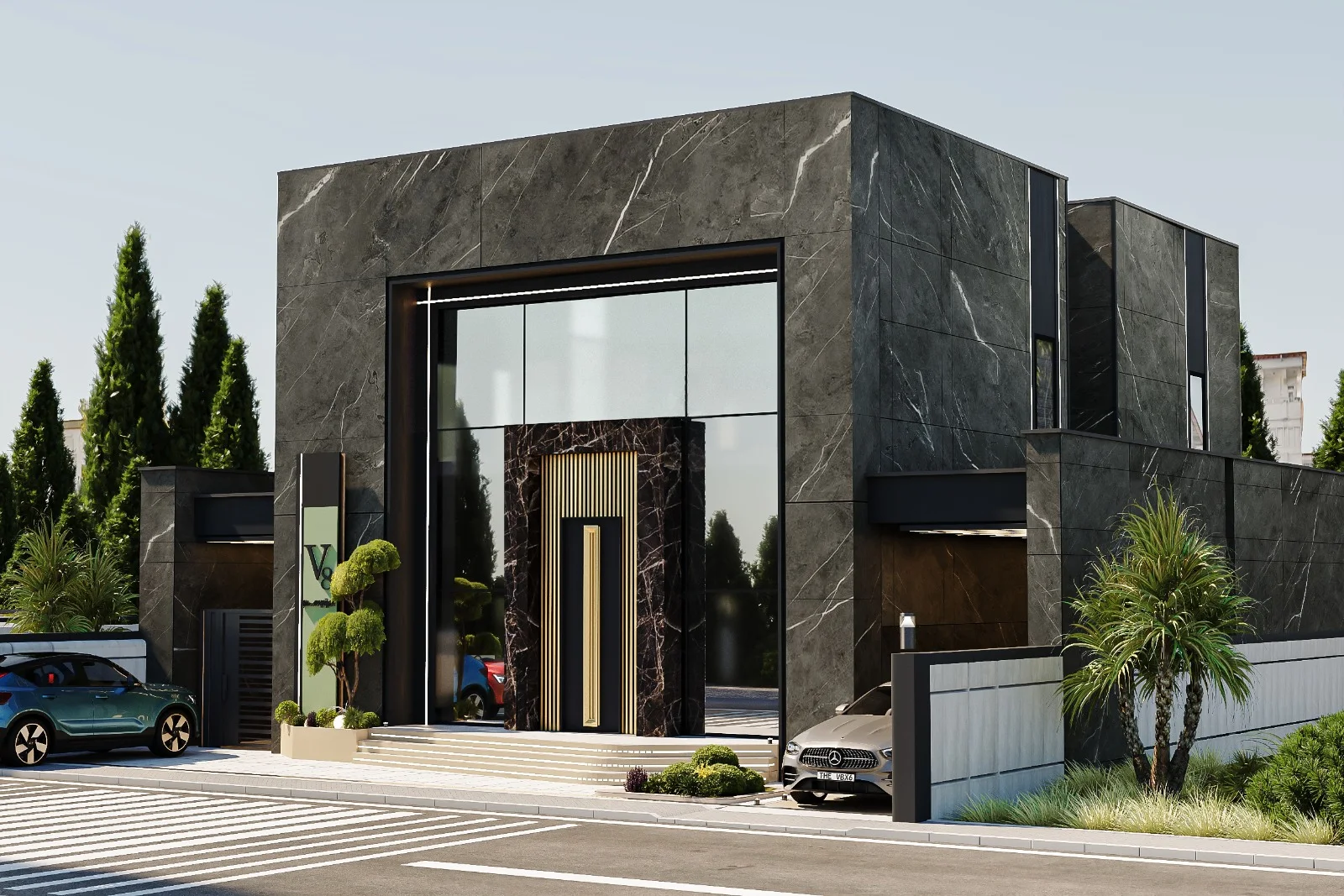 Denge Rotası için hazırlanan mimari render: antrasit taş cephe, geniş cam giriş ve ağaçlarla çevrili bina